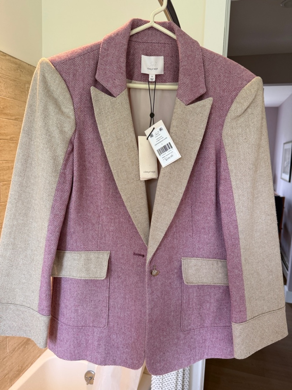 cinq a sept Herringbone Tweed Blazer in Light Rose and Acorn
